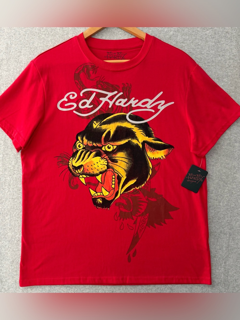 Ed Hardy Men’s Medium Panther Graphic T Shirt Red Tattoo Y2K Streetwear NWT